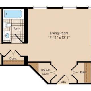 A floor plan of an apartment with a living room, bathroom, and multiple closets.