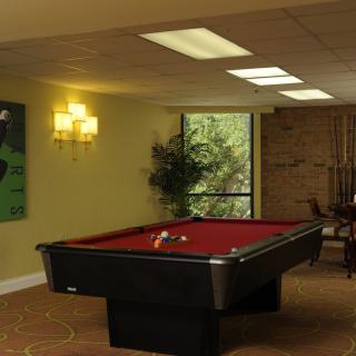 A cozy game room featuring a pool table with red felt and warm lighting.
