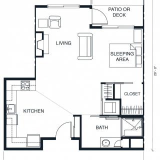 A floor plan of a one-bedroom apartment featuring a living area, kitchen, bathroom, sleeping area, closet, and patio/deck.