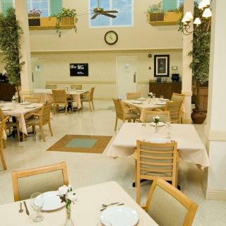 An elegantly decorated dining room with neatly arranged tables and chairs, surrounded by indoor plants.