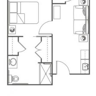A simple floor plan depicting an apartment with two bedrooms, a kitchen, and two bathrooms.