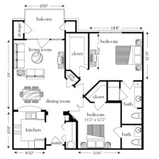 A floor plan of a house showing the layout of the rooms, including bedrooms, bathrooms, kitchen, dining room, and living room.