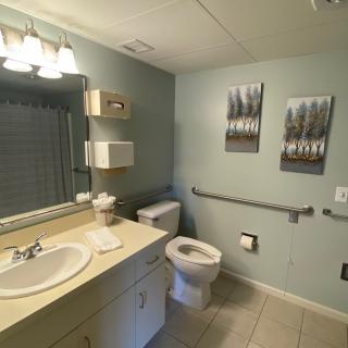 A clean and organized bathroom featuring a sink, toilet, and mirror with wall art and a light fixture.