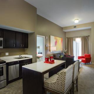 Modern apartment with an open kitchen and living room design.