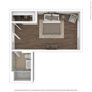 A top view of a floor plan showing a bedroom with furniture arrangement.