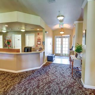 A welcoming reception area with elegant interior design featuring a desk, carpeted flooring, and bright lighting.