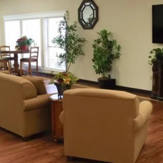 A cozy living room with sofas, a TV, plants, and a small dining table set by the window.