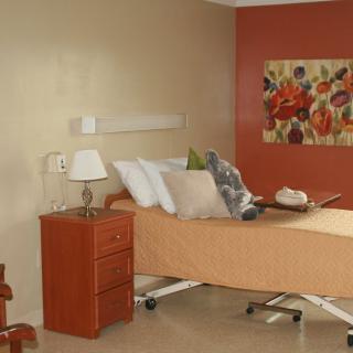 A well-decorated hospital room featuring a bed, nightstand with a lamp, and floral artwork on the wall.
