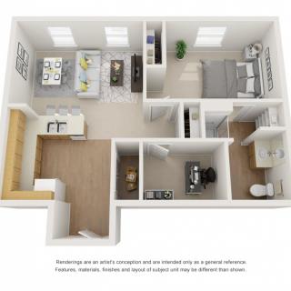 A 3D floor plan showing a modern apartment with one bedroom, a living area, kitchen, and bathroom.
