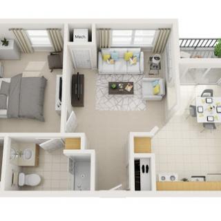 A detailed floor plan of a cozy apartment featuring a living room, bedroom, kitchen, dining area, and bathroom.