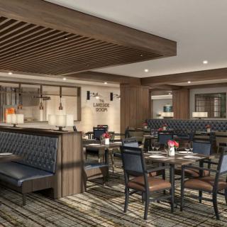 A modern restaurant interior with stylish seating arrangements and a cozy ambiance.