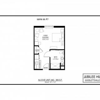 A floor plan of a studio apartment with designated areas for living, sleeping, and a bathroom.