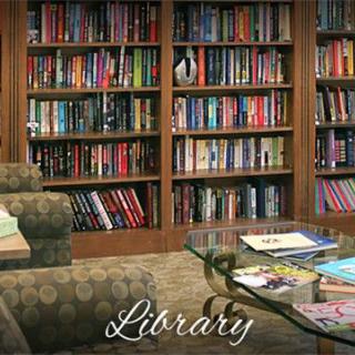 A cozy library with shelves filled with colorful books and comfortable seating.