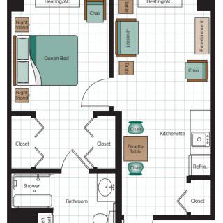 A detailed floor plan of an apartment featuring a bedroom, living room, kitchen, and bathroom.
