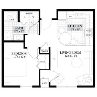 A floor plan of a one-bedroom apartment with a kitchen, living room, and bathroom.