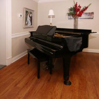 A grand piano in a well-decorated living room with hardwood floors.