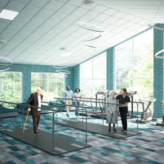 An inviting rehabilitation center designed for seniors, featuring modern exercise equipment and ample natural light.