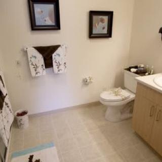 A clean bathroom with decorative elements, including towels and framed artwork.