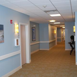 A well-lit hallway with carpet flooring and artwork on the walls.