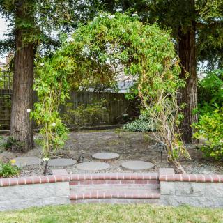 A garden archway covered with greenery, set between two trees.