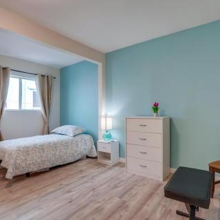 A cozy bedroom with a single bed, blue accent wall, and modern furnishings.