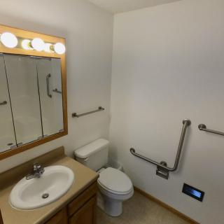 A small accessible bathroom with a sink, mirror, and grab bars around the toilet.