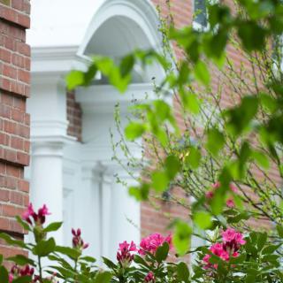 A scenic view of a brick building partially obscured by lush greenery and vibrant flowers.