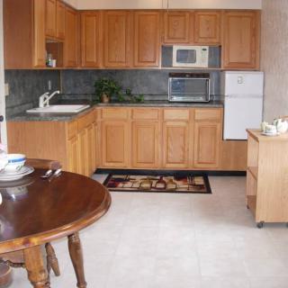 A cozy kitchen with wooden cabinets, a microwave, refrigerator, and a dining table.