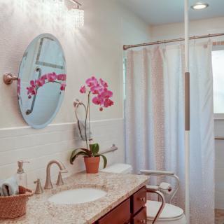 A well-lit bathroom featuring a granite countertop, mirror, and a pink orchid for decor.