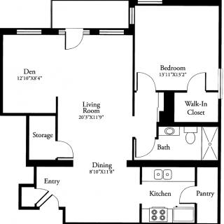 This is a floor plan of a one-bedroom apartment with a den, featuring a living room, dining area, kitchen, bathroom, walk-in closet, and storage space.