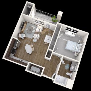 A 3D floor plan of a one-bedroom apartment featuring a living room, kitchen, bathroom, and bedroom.