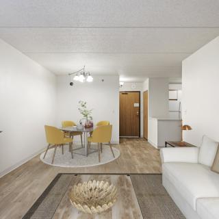 A modern living and dining area with wooden flooring, featuring a white sofa, yellow chairs, and stylish decor.