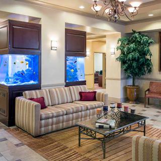 A cozy lobby area featuring a striped sofa, aquariums built into the walls, and a chandelier overhead.