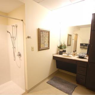 A modern bathroom with a shower area and vanity mirror.