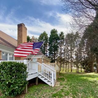 A backyard view with an American flag on a deck, surrounded by trees and grass.