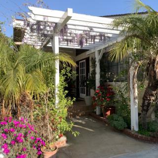 A charming entrance with lush greenery and vibrant flowers.