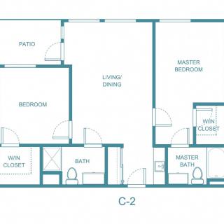 A blueprint of an apartment showcasing the layout with bedrooms, bathrooms, a kitchen, and living spaces.