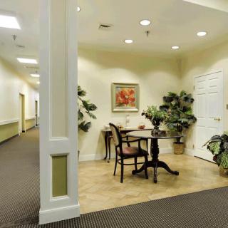 A cozy waiting area with a table and chairs, decorated with plants and artwork, adjacent to a corridor.