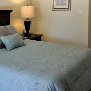 A cozy bedroom with a neatly made bed, bedside lamp, and nightstand.