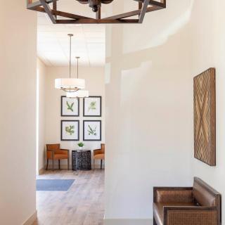 A modern hallway with decorative artwork and stylish lighting.