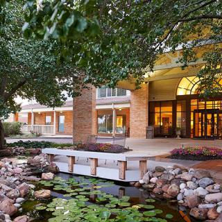A serene garden with a pond in front of a modern building entrance.