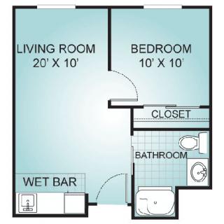 A simple floor plan of a one-bedroom apartment with a living room, bedroom, bathroom, closet, and wet bar.