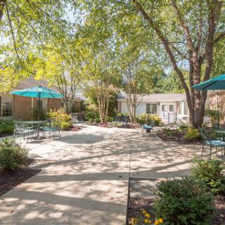 A serene outdoor courtyard featuring shaded seating areas and lush greenery.