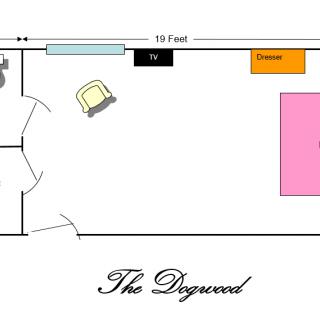 Floor plan of 'The Dogwood' showing furniture placement and room dimensions.