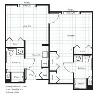 Floor plan of a two-bedroom apartment with labeled rooms and amenities.