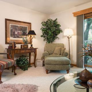 A cozy living room with a comfortable armchair, decorative plants, and warm lighting.