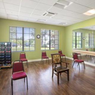 A spacious room with green walls, windows, and chairs arranged in a circle on hardwood flooring.