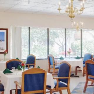 A well-lit dining area with blue and wooden chairs, set tables, and large windows overlooking greenery.
