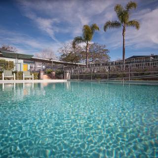 A serene outdoor pool reflecting the blue sky and surrounded by palm trees.