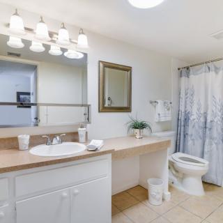 A well-lit bathroom with a large mirror, spacious countertop, sink, and shower area.